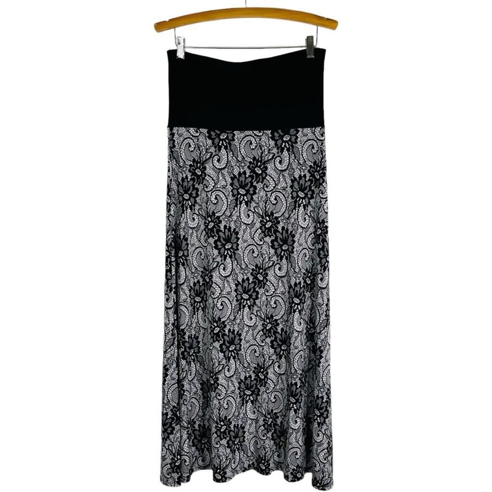 Vintage black white floral lace print stretchy maxi skirt medium